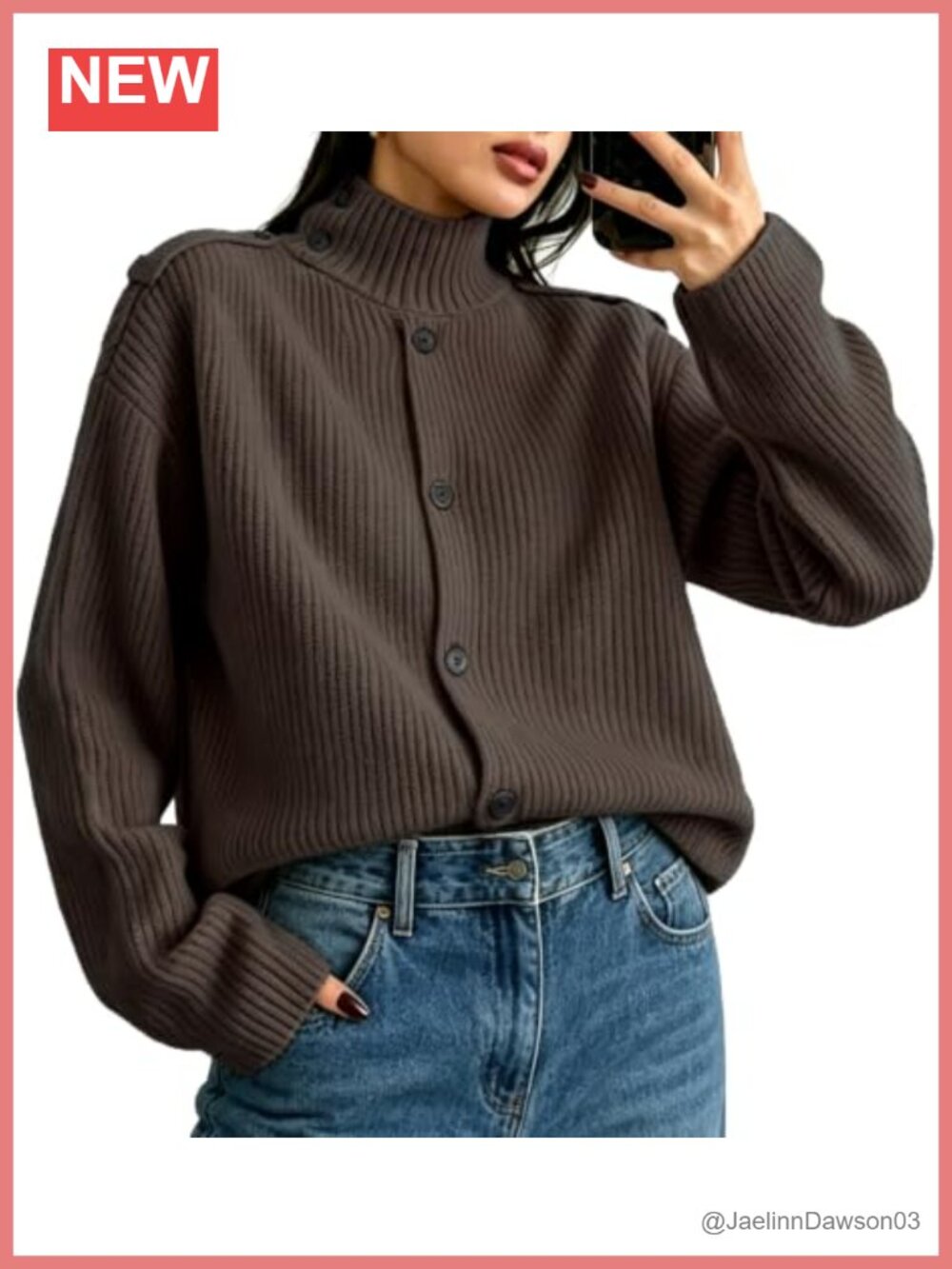Ribbed Knit Button-Down Cardigan Oversized High Neck Fall Sweater